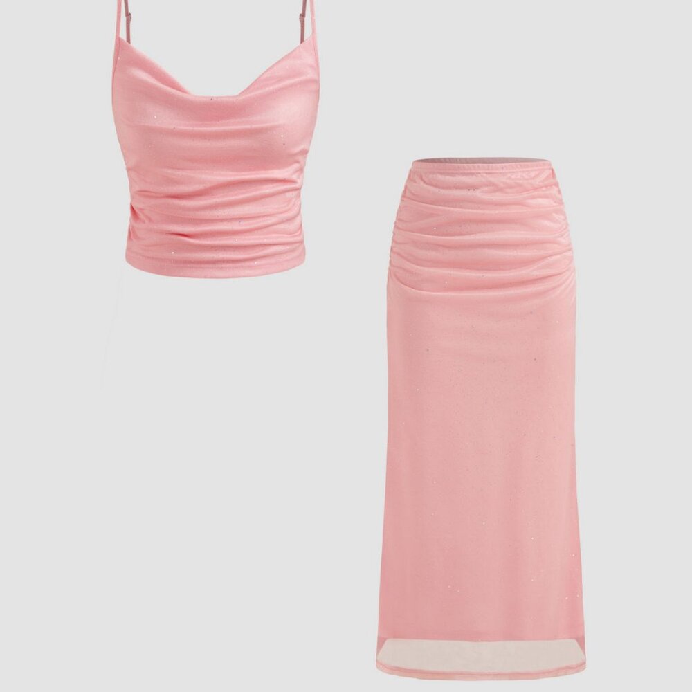 Cider Cowl Neck Sequin Crop Cami Top & Ruched Maxi Skirt Y2K | Size Large